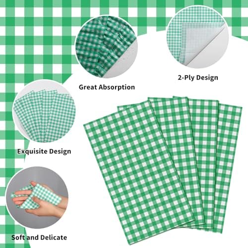 NatNarr 60 Pcs Green Gingham Napkins, 2 Ply Masters Golf Napkins Green and White Plaid Bathroom Napkins Guest Disposable Checkered for Masters Golf Party Decorations, Birthday, Picnic - Thumbnail 4