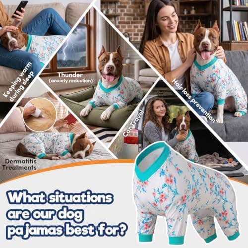 LovinPet Large Big Bodysuit for Dogs - Post Surgery Protection Dog Pjs,4 Legged Coverage Dog Onesie,Stretchable Lightweight, Bubbles and Floral White&Teal Print,Undershirt for Dog Sweaters,Blue Large - Thumbnail 5