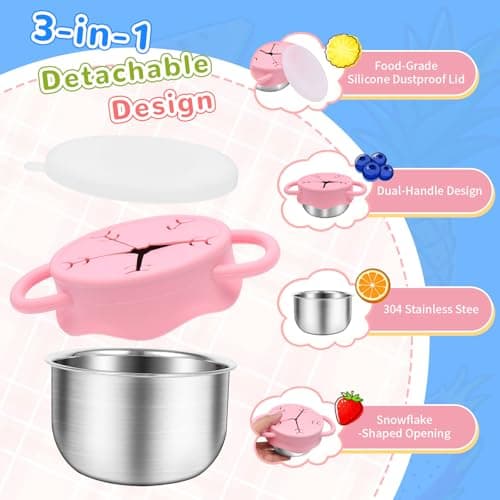 2 Pack Toddler Snack Containers –13.5oz Food Grade Stainless Steel Snack Cups for Toddlers Spill Proof with Snowflake Silicone Lids & Handles, Baby Snack Containers, Dishwasher Safe Toddler Snack Cups - Thumbnail 3