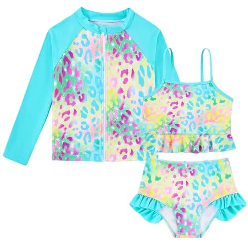 Funnycokid 4T 5T Swimsuit Kids Little Girls Macaron Leopard Print Blue Bathing Suit Ruffle Rashguard Sets Sun Protection Long Sleeve 3 Piece Tankini - Image 1