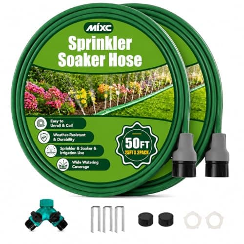 MIXC Reinforced Sprinkler Hose with Holes, 50FT (25FT×2 Pack) No-Kink Heavy Duty Flat Sprinkler Soaker Hose with Stakes & Splitters, Drip Irrigation Garden Hose for Lawn, Vegetable, Yard & Flower Bed