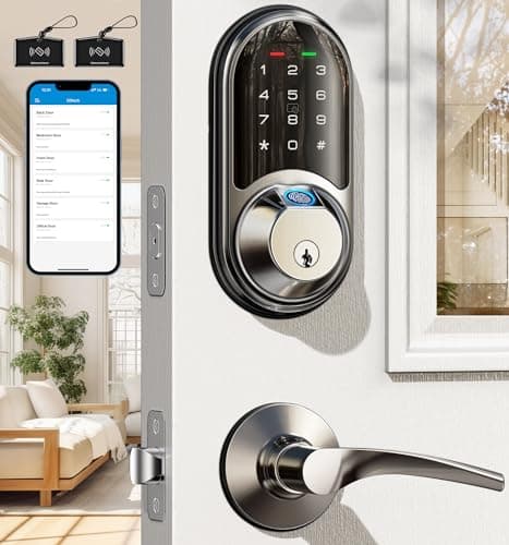 Veise RZ07B Smart Locks for Front Door, 2 Lever Handles, Fingerprint Keyless Entry, App Control Biometric Door Lock Set, Touchscreen Keypad Deadbolt, Easy Install, Auto Locking, Satin Nickel - Image 1