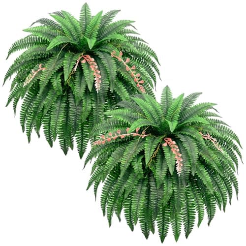 AMORISE 48" Artificial Boston Fern Bush- Set of 2 Large Artificial Ferns for Outdoors with 128 Fronds, UV Resistant Faux Outdoor Plants, Faux Fern Vines that Look Real for Home and Office Decor - Image 1