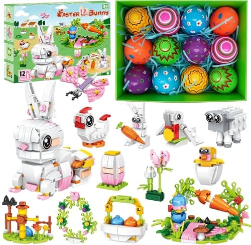 3.5"Prefilled Easter Eggs with Easter Bunny Building Blocks Toy Set - 12 in 1 Rabbit Building Kit, Easter Basket Stuffer Egg Hunt Party Favors Classroom Prizes Filled Easter Egg Gift for Kids Boy Girl - Image 1