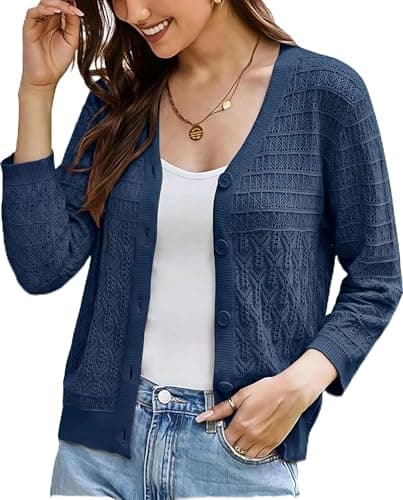 GRACE KARIN Women Lightweigt Crochet Knit Cardigan, 3/4 Sleeve Cropped Shrugs, Spring Button Down Sweaters Tops Dark Blue XL