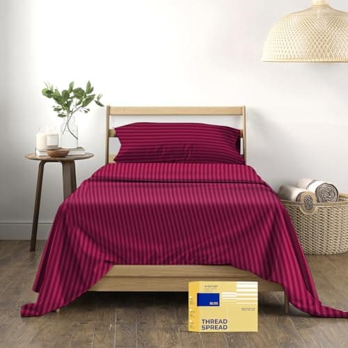 THREAD SPREAD Striped Egyptian Cotton Sheets Twin XL Size - 600 Series Bliss Collection Damask Twin XL Sheets Deep Pockets (3 PC, Burgundy Stripe), Sateen Dorm Bedding, Fits Mattress Upto 18" - Image 1