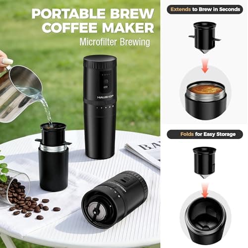 HAUSHOF Portable Coffee Grinder, Camping Coffee Makers, Portable Burr Coffee Grinder and Brewing Kit, Rechargeable, Personal Cordless Coffee Maker for Car, Camping, for Home Use - Thumbnail 4
