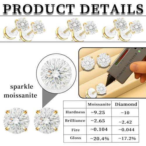 6mm Moissanite Stud Earrings in 14K Gold Plated Titanium | HypoAllergenic Earrings for Women & Men (Gold 6mm) - Thumbnail 3