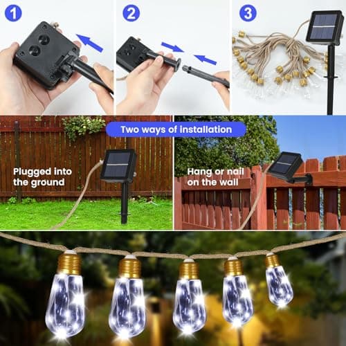 Solar String Lights for Outside, 24FT Vintage Rope Hemp Solar Outdoor String Lights with 20 Shatterproof Bulbs, Solar Powered Waterproof 8 Modes Patio Lights for Garden Fence Balcony Camping - White - Thumbnail 4