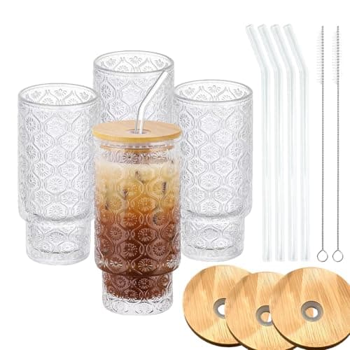 Vintage Glass Cups with Bamboo Lids and Straws–4Sets 11oz Iced Coffee Cups for Women, Aesthetic Glass Tumblers for Juice, Cocktail, Whiskey – Housewarming Gifts for New Home, Coffee Bar Accessories - Image 1