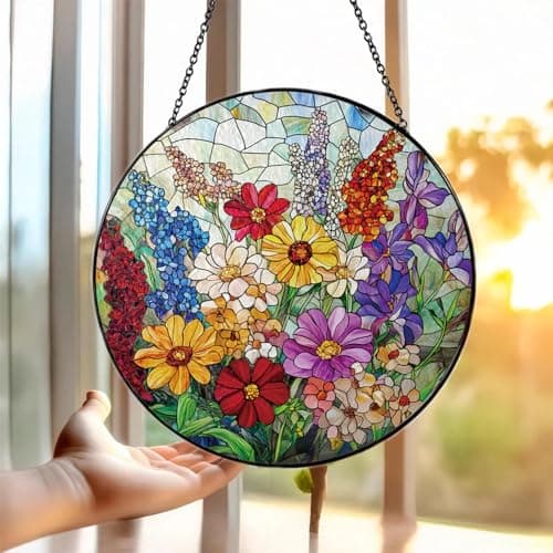 Colorful Wildflowers Suncatcher -7.9 in Stained Glass Window Hanging Sun Catcher Garden Decor - Thumbnail 4