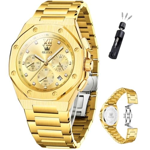 OLEVS Gold Watches for Men Luxury Stainless Steel Dress Large Face Wrist Waterproof Quartz Analog Mens Watch Chronograph Octagonal Dial Luminous Watches for Men Relojes para Hombres - Image 1