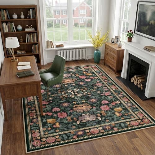 Cnythlis 5'x7' Dark Green Living Room Area Rug, Washable Non-Slip Silicone Backing Vintage Botanical Boho Carpet, 0.26" Low Pile Faux Wool Soft Rug, Water Stain Resistant for Bedroom Dining Room - Thumbnail 2
