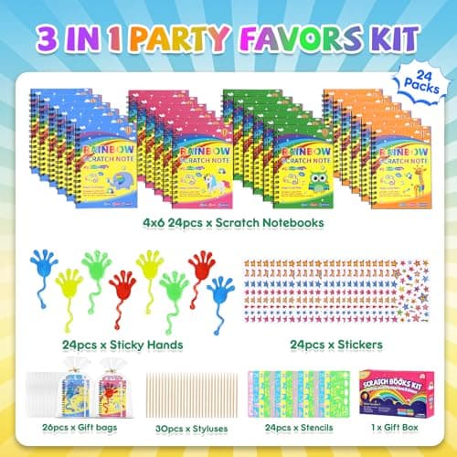 JMMICO 24*3 Pack Scratch Art Notebook+Sticky Hands+Stickers,Party Favors for Kids 4-8-12,Return Gifts for Birthday Party,Goodie Bags Stuffers, End of the Year Gifts for Students - Thumbnail 2