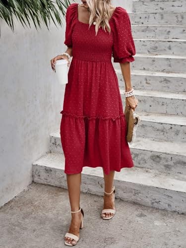 PRETTYGARDEN Women's Summer Casual Midi Dresses 2026 Spring Puff Sleeve Square Neck A Line Flowy Boho Smocked Beah Vacation Dress (Red,2XL) - Thumbnail 4
