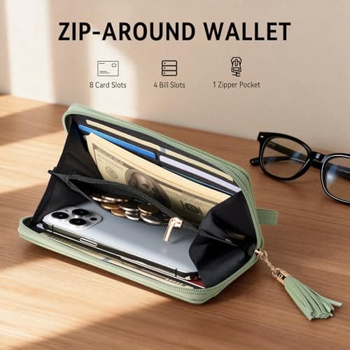 Travelambo Womens Wallet Tassel Bifold Ladies Clutch Wristlet Wrist strap Long Purse (Access Green Light) - Thumbnail 6