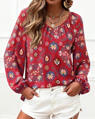 Zenlonr Womens Fall Tops Dressy Casual 2025 V Neck Satin Silk Printed Shirts Boho Long Sleeve Work Blouses(Floral Wine Red Blue,Large) - Thumbnail 2