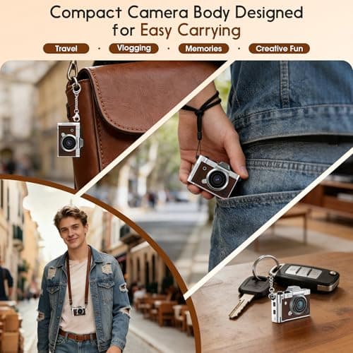 Dienspeak Tiny Digital Camera, Vintage Mini Keychain Camera for Teens & Beginners, Premium Leather Portable Small Camcorder with 16GB Card, 2K HD Video Recorder for Travel and Vlogging, Brown - Thumbnail 6