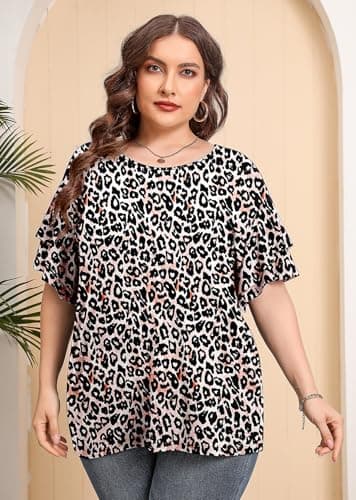AusLook Plus Size Casual Tops For Women Fancy Peachy Leopard 1X Tunic Double Ruffle Short Sleeve Blouses Crewneck Clothing Tee Ladies Clothes Flowy Dressy Casual Loose Fit Outfits Maternity Summer - Thumbnail 4