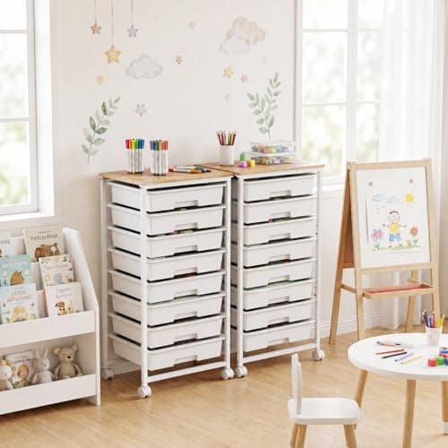 LEHOM Rolling Storage Cart with 8 Drawers, Utility Cart on Wheels with Metal Frame and Wooden Tabletop for Living Room Bedroom Dorm, Office Storage & Art Supply Craft Organizer for Classroom - Thumbnail 5