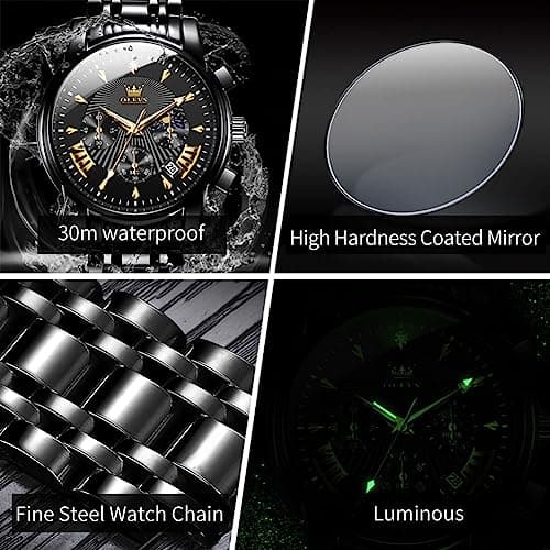 OLEVS Watch Men Black Watches for Men Chronograph Stainless Steel Mens Watches Big Face Classic Luxury Men's Wrist Watch with Date Luminous Waterproof Dress Analog Quartz Relojes para Hombres - Thumbnail 5
