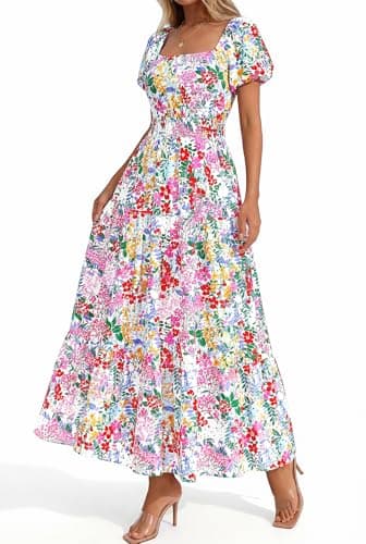 BTFBM Summer Dress for Women 2026 Spring Floral Short Sleeve Casual Flowy A-Line Smocked Tiered Maxi Dresses Pockets(Floral White Multicolor, Small) - Thumbnail 5
