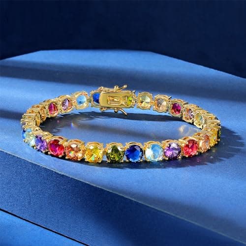 Gemsme 6.0mm Colored Cubic Zirconia Tennis Bracelet for Women, 6MM 18K Yellow Gold Plated Cubic Zirconia Rainbow Tennis Link Bracelet - Thumbnail 2