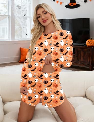 JUSTFASHIONNOW Halloween Pajamas for Women Printed 2 Piece Lounge Set Casual Long Sleeve Loungewear Matching Sleepwear Long Sleeve Top and Shorts Fall Winter Outfits (Orange, X-Large) - Thumbnail 4
