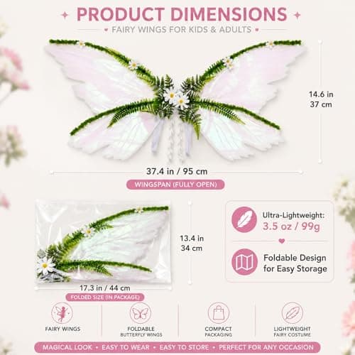 Fairy Wings Set for Kids & Adults - 4 PCS Butterfly Wings with Elf Ears, Flower Crown & Wand - Universal Size Sparkly Fairy Costume for Women Girls, Halloween Cosplay Renaissance Festival White - Thumbnail 2