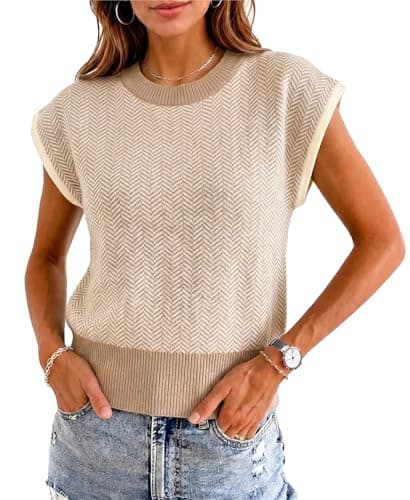 Flowyair Womens Summer Cap Sleeve Sweater Vest Color Block Knit Crop Tops Crew Neck Casual Lightweight Pullover Tops Apricot - Image 1