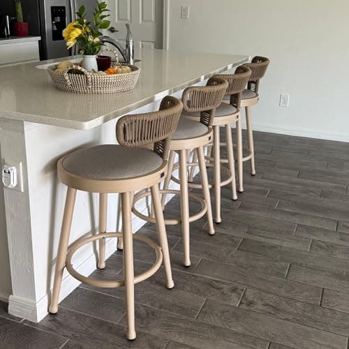 PURPLE LEAF Outdoor Swivel Counter Height Bar Stools Set of 2 Metal Modern Rattan Bar Chairs with Backrest Aluminum Woven Barstools with Cushions for Kitchen Balcony Garden Indoor White Oak