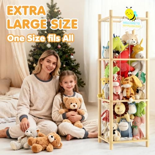 Hsenowi Stuffed Animal Storage Zoo Organizer Natural Pine Plushies Storage with Elastic Bands Vertical Wood Toy Holder Mesh Net Space Saving Design for Playroom Nursery Kids Bedroom - Thumbnail 6