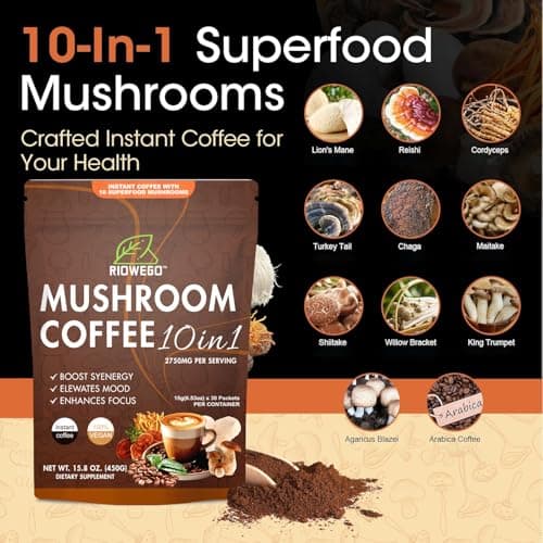 Mushroom Coffee Powder,10-in-1 Mushroom Superfood Adaptogen Mix-Organic Lion's Mane, Chaga, Turkey Tail, Reishi, Instant Coffee For Gut Health, Immunity, Energy, Focus-30 Serving - Thumbnail 4