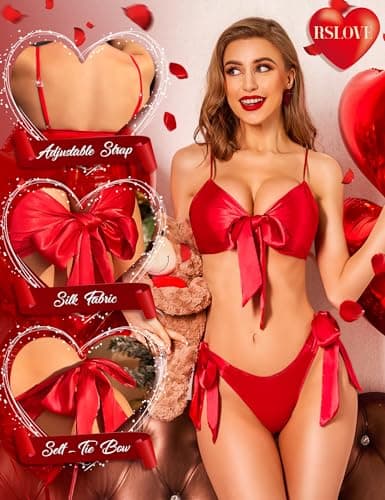 RSLOVE Women Sexy Lingerie Set Satin Bow Tie 2 Piece Bra and Panty Sets Red Large - Thumbnail 3