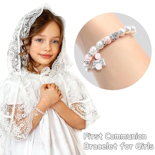 BAYLAY First Communion Gifts for Girls Catholic - First Communion Bracelet for Girls, Angel Wings Heart Initial Y Pearl Bracelet - Thumbnail 3