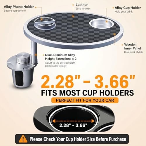 Car Food Tray & Car Table Tray with Car-Grade Aluminum Cup Holder & Phone Stand, Premium Wood with Leather Surface, 360° Rotating Car Desk for Laptop &Eating (Round, Black&Grey) - Thumbnail 4