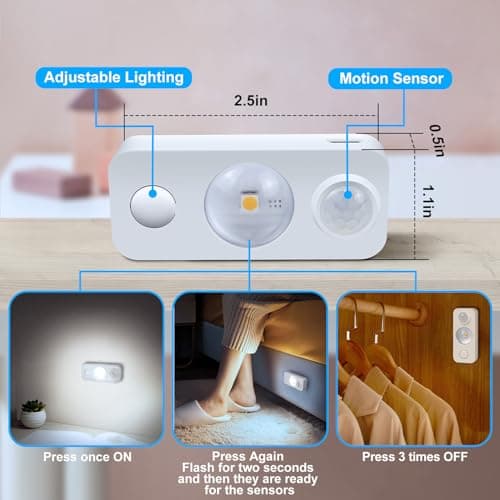 NIEGNOWOO 6 Pack LED Motion Sensor Puck Lights, Rechargeable Cabinet Lights, Stick on Wireless LED Night Light for Closet, Drawer, Shelf, Under Cabinet, Daylight White, USB Charging Cord Included - Thumbnail 3