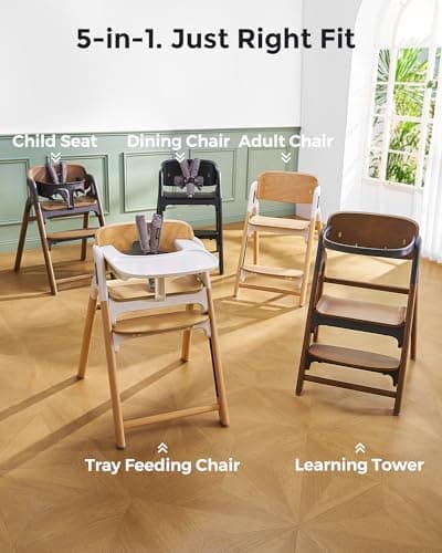 Momcozy DinerPal Wooden High Chair for Babies, Toddlers & Adults Up to 308 Lbs, Convertible Baby Highchair with Food-Grade Tray, Dishwasher-Safe, Adjustable & Ergonomic, Natural Wood - Thumbnail 4