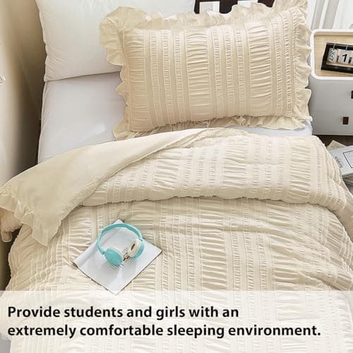 WONGS BEDDING Beige Comforter Set Full, 3 Pieces Ruffle Shabby Chic Comforter for Dorm Room Essentials for Full Bed, Soft Seersucker Bedding Set with 1 Comforter, 2 Tufted Pillowcases 90"×78" - Thumbnail 3