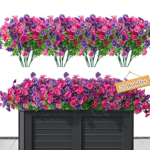 idredn Artificial Flowers for Outdoors Decoration,20 Bundles Fake Morning Glory Petunias for Outside Artificial Faux Plants for Home Porch Patio Balcony Planter Yard Garden Dark Purple Light Purple