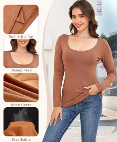 Ganado Long Sleeve Shirts for Women Scoop Neck Thermal Shirt Plain Basic Tops Fitted Layering Undershirts (Coffee, X-Small) - Thumbnail 5