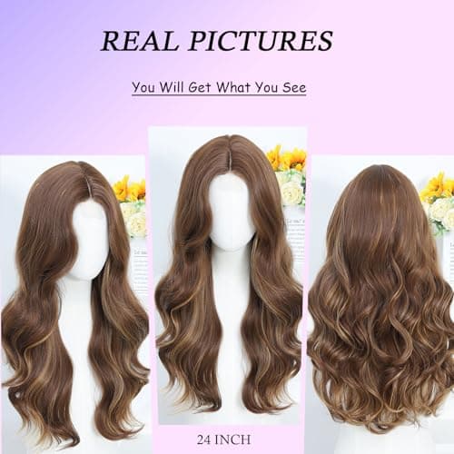 Barbique Highlight Brown 24 Inch Long Wavy Wig for Women, Synthetic Body Wave Lace Wig, Middle Part Natural Hairline Glueless Wig for Daily Wear - Thumbnail 3