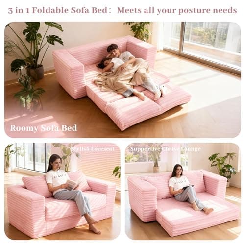 HABUTWAY Convertible Folding Sofa Bed Couch,3 in 1 Pull Out Couch Bed,Loveseat Sleeper Sofa Bed,Boneless Couches with Pillows for Living Room Bedroom, Light Pink - Thumbnail 4