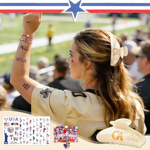 GIRLOLIIAR 4th of July Accessories for Women, Red White and Blue Outfit Bundle with Patriotic Hair Claw Clip, America Bracelets & USA Tattoos for 250th Anniversary Party Favors, Memorial Day Decor, CA - Thumbnail 3