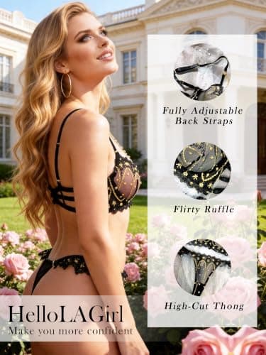 HELLOLAGIRL Sexy Lingerie Set for Women,Lace Womens Lingeries flower Chain Lingerie 3 Piece with Garter Belt (BLACK-2SET, M) - Thumbnail 4