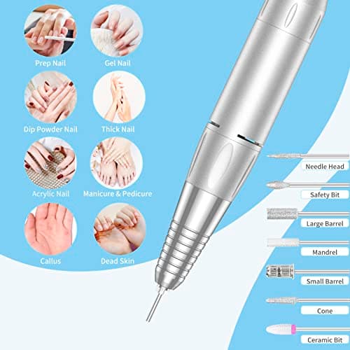 Portable Nail Drill Professional 35000 RPM, MOCOWIND Rechargeable Electric Nail File Machine E File for Acrylic Gel Polishing Removing, Cordless E-File with Bits Kit for Manicure Salon Home, Blue - Thumbnail 2