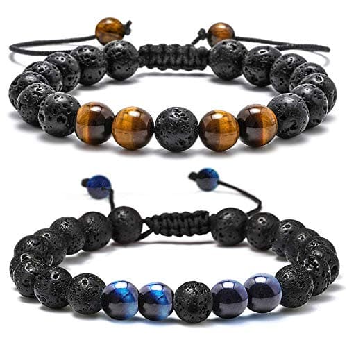 M MOOHAM Bracelets for Men Gifts - Beaded Lava Rock Tiger Eye Black Adjustable Bracelets for Mens Jewelry Gift - Image 1
