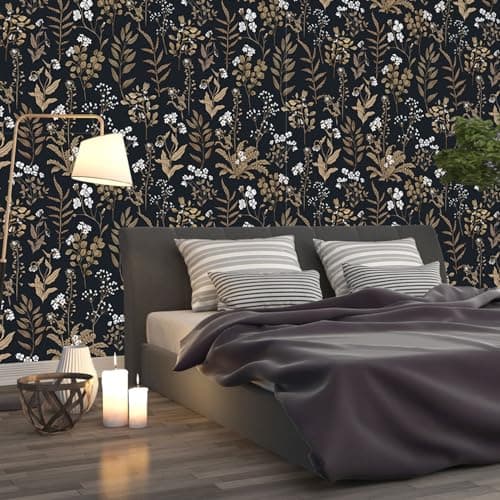 Abyssaly 34.6" x 196.8" Black and Gold Wallpaper Dark Floral Peel and Stick Wallpaper Vintage Leaf Contact Paper Removable Self Adhesive Waterproof Moody Vinyl Wrap for Bedroom Bathroom Cabinet Decor - Thumbnail 3