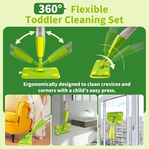 Lullulii Kids Spray Mop, Fun & Functional Toddler Mop Cleaning Set,Real Working Mini Mop, Pretend Play Toy –Includes Spray Bottle,Washable Microfiber Pads, Montessori Kids Cleaning Toy Set -Green - Thumbnail 5