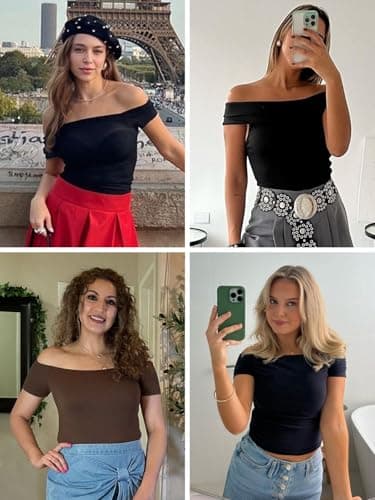 Imily Bela Womens Off The Shoulder Tops Short Sleeve Top Quick Dry T Shirts Trendy Y2k Going Out Crop Tops Slim Fit 2025 Black - Thumbnail 6